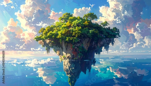 Floating island above reflective waters, with lush vegetation and a partly cloudy sky