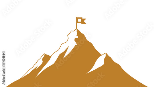 Golden mountain peak summit with flag symbolizing achievement and reaching goals