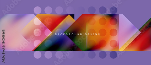 Abstract geometric shapes, vibrant colors, purple background. Modern design elements create dynamic visual flow.