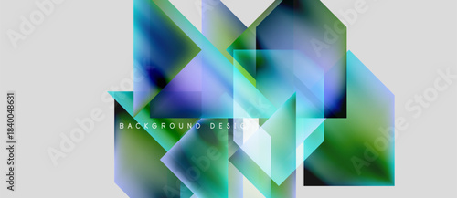 Abstract geometric shapes overlap, creating vibrant color gradients. Design features translucent layers, modern aesthetic.