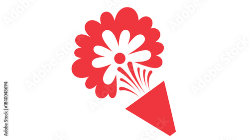 Stylized red flower bursting from a red cone against a white background