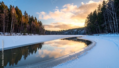 Frozen lake with a winding open water channel flanked by snowy banks and treeline under a sky with clouds