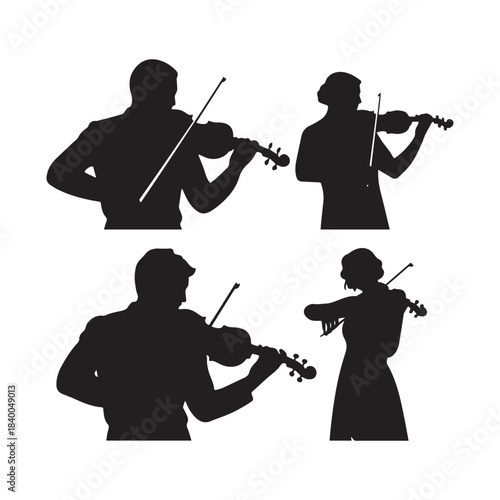 Four elegant silhouettes of musicians playing violin and cello in an orchestra.