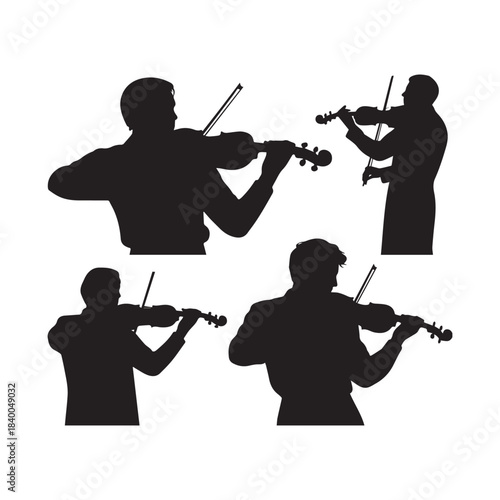Four elegant silhouettes of musicians playing violin and cello in an orchestra.