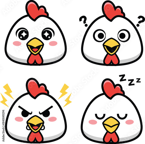 Four cartoon chicken heads displaying various emotions like happiness, confusion, anger, and sleepiness, isolated on a white background.
