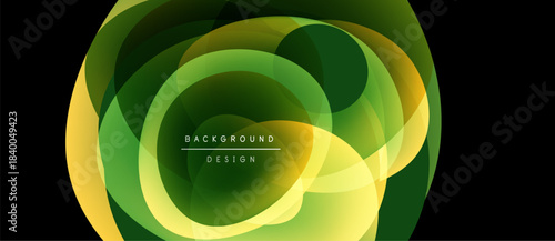 Abstract design features overlapping circles, gradients. Yellow, green hues create dynamic visual effect. Modern, stylish background element.