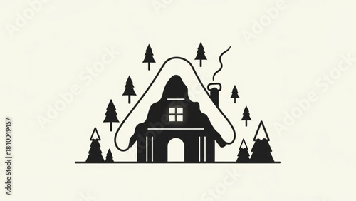 Cozy Winter Cabin Silhouette: A charming monochrome depiction of a cozy cabin nestled amidst snow-laden pine trees, inviting warmth and tranquility.