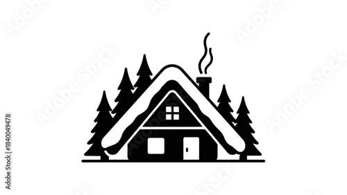 Winter Cabin Serenity: A cozy winter cabin with a snow-laden roof, nestled amidst towering evergreen trees, and a wisp of smoke curling gently from its chimney.