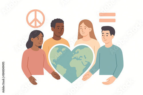 Symbols for peace (a peace sign) and equality (three parallel lines) are visible in the background. The image conveys themes of global unity, diversity, peace, and environmental protection.
