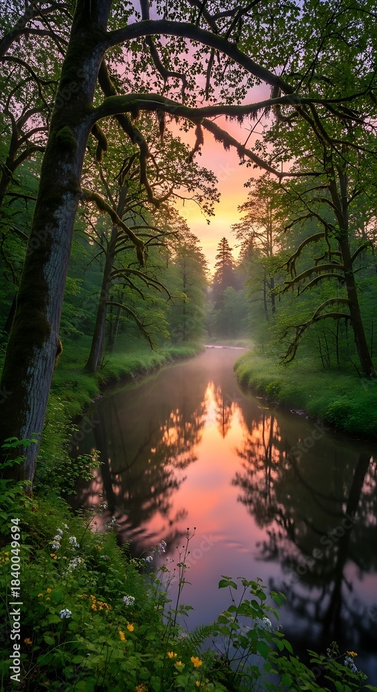 Fototapeta premium Misty Forest River at Sunrise with Colorful Sky Reflection.