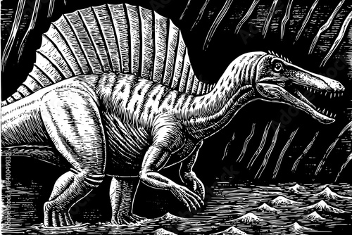 spinosaurus sketch showing its iconic back sail, elongated jaws, and semi-aquatic stance drawn with sharp textured lines