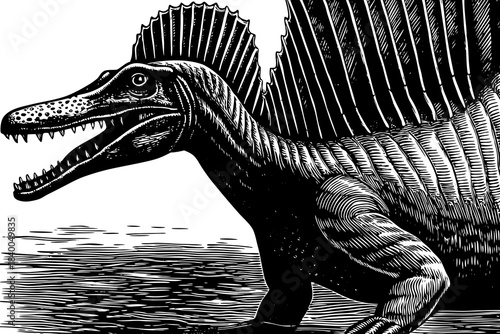 spinosaurus sketch showing its iconic back sail, elongated jaws, and semi-aquatic stance drawn with sharp textured lines
