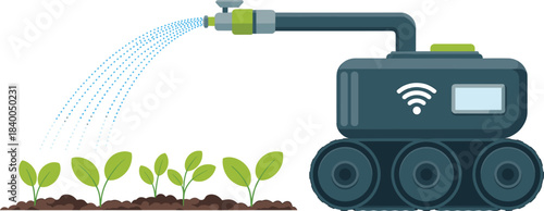 Autonomous smart farming robot spraying water on small crops, precision agriculture and modern wireless controlled irrigation technology vector