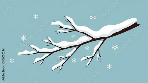 Winter Branch: A snow-covered branch rests against a light blue backdrop, evoking the tranquility of a crisp winter day, the gentle descent of snowflakes creating a scene of peace and serenity.