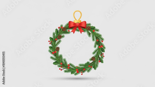 Festive Wreath: A classic Christmas wreath adorned with verdant pine branches and vibrant red berries, with a bright red bow, capturing the essence of the season.