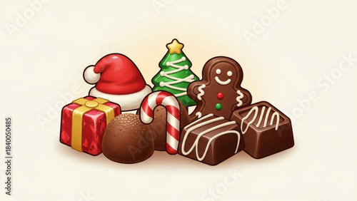 Holiday Sweet Treats: A delightful arrangement of festive chocolates and seasonal candies, evoking the joy and indulgence of the holiday season.