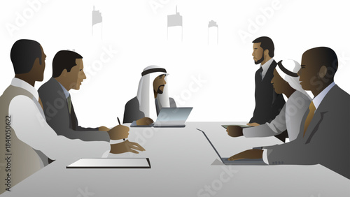 Diverse business professionals engage in a collaborative meeting around a conference table with laptops and documents