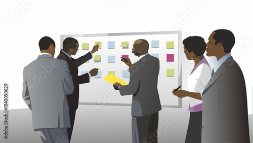 Diverse business professionals collaborating on a project using a sticky note board for brainstorming and planning in a modern office setting