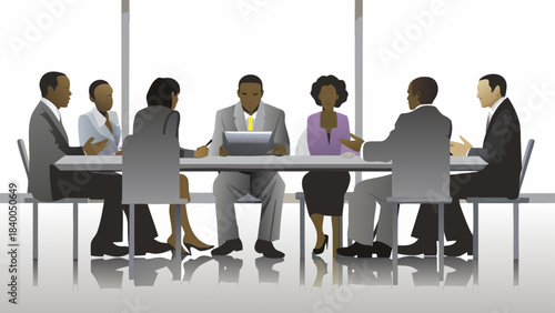 Diverse group of professionals collaborating and discussing ideas around a modern conference table in a well lit office setting
