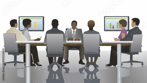 Diverse business professionals collaborate around a conference table reviewing charts and graphs on digital displays during a meeting
