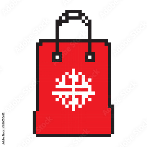 Pixel art red Christmas gift bag icon with white snowflake symbol. 8 bit festive holiday sack for games, apps, stickers, web and winter sale designs.