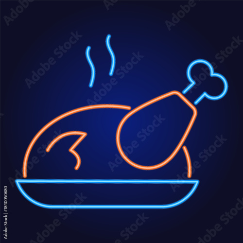 Christmas roast turkey on plate neon icon. Minimal festive food symbol for holiday menu design, cards, web, apps, print and New Year projects.