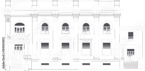 Detailed line art of a grand neoclassical building facade with columns and arch windows, historical government architecture vector illustration