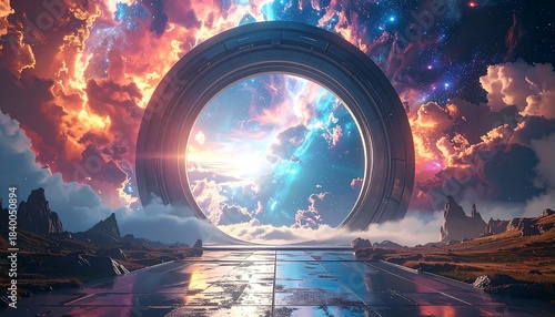 Futuristic portal ring floats above a barren landscape, framing a vibrant, nebula-filled sky with vivid, fiery clouds