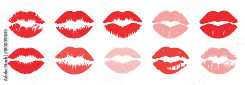 Collection of vibrant red and pink lips prints, showcasing various kiss marks