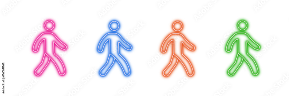 Obraz premium Neon glowing walking person vector icons set, human figure, movement, progress, pedestrian, vibrant colorful digital outline.