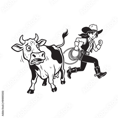 Cartoon cowgirl with lasso runs after a scared cow, western chase.