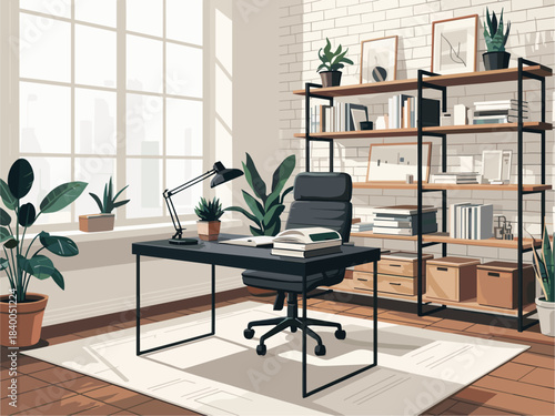 Clean vector illustration of a modern home office with black metal desk, white brick wall, large window light, plants, wooden shelves, and cozy minimalist décor