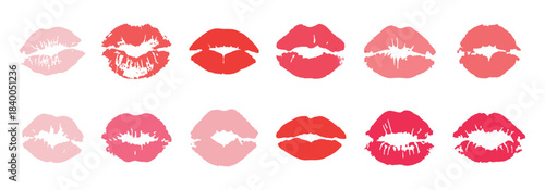 Set of kiss marks with various shades of pink and red, lips imprints on white background