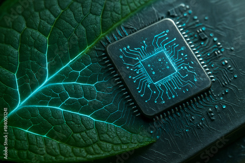 Wallpaper Mural Mikrochip auf Blattstruktur als Symbol für grüne Technologie Torontodigital.ca
