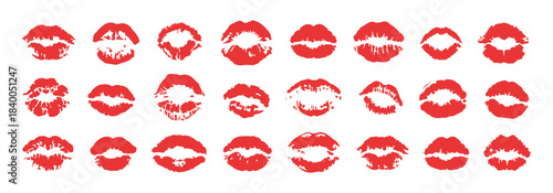 Lip print vector set red female mouth traces sensual kiss symbol cosmetic mark