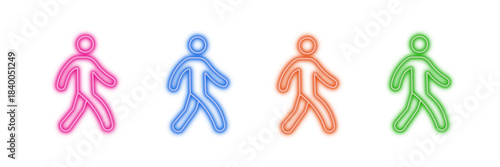 Neon glowing walking person vector icons set, human figure, movement, progress, pedestrian, vibrant colorful digital outline.