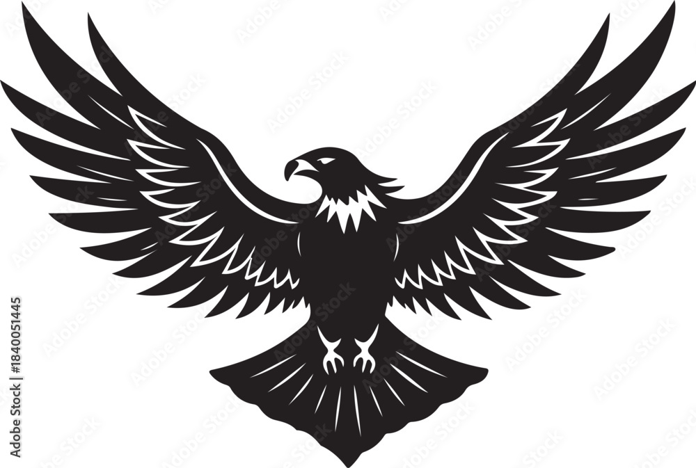 Obraz premium A striking black and white illustration of an eagle with wings spread wide