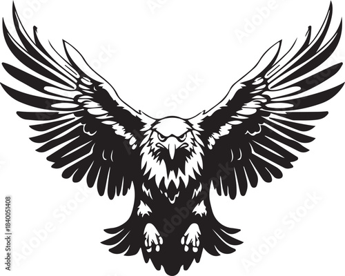 A striking black and white illustration of a majestic eagle with outstretched wings