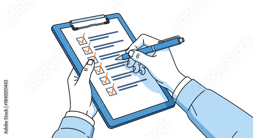 A persons hand holding a clipboard and writing on a checklist with a pen, marking off completed tasks