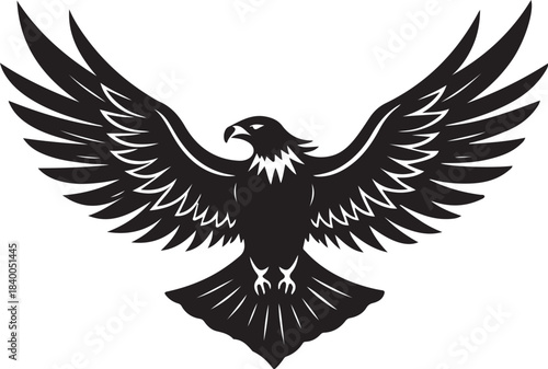 A striking black and white illustration of an eagle with wings spread wide
