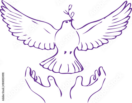 A delicate sketch of a dove with an olive branch held in cupped hands