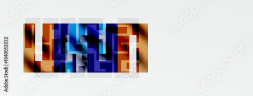 Abstract geometric shapes, vibrant colors, rectangular blocks create mosaic pattern. Dark background contrasts bright central design.