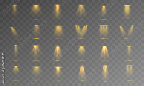Set of yellow projector on transparent background. Scene floodlight spotlight stage beam. Glowing golden light effect with gold rays and beams. Vector illustartion.
