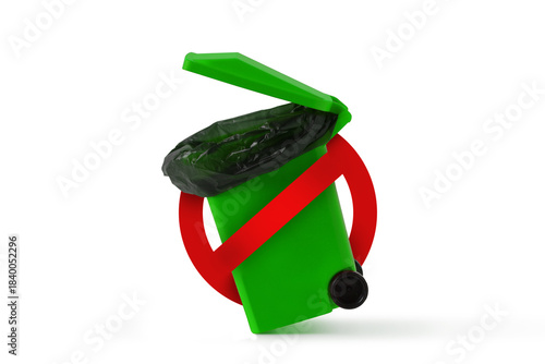 Garbage bin with prohibition sign on white background - No trash disposal sign and concept of waste reduction, littering policies and environmental conservation