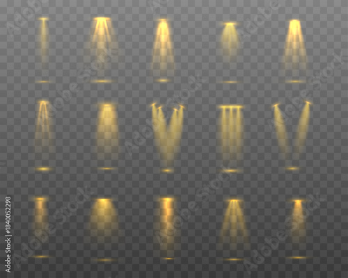Set of yellow projector on transparent background. Scene floodlight spotlight stage beam. Glowing golden light effect with gold rays and beams. Vector illustartion.