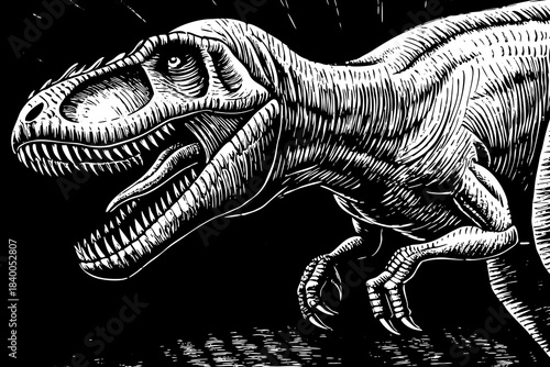 allosaurus sketched in lunging attack posture with open jaws and deep shading to highlight muscular prehistoric body