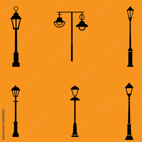 Vintage street light posts set, old street lamp posts, sidewalk lantern, vector
