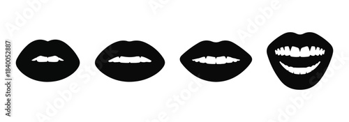 Variety of stylized human lips and mouths in different expressions, silhouette style on white