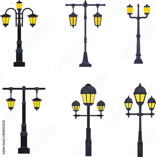 Vintage street light posts set, old street lamp posts, sidewalk lantern, vector