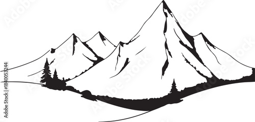Sketch of jagged mountain peaks in black and white